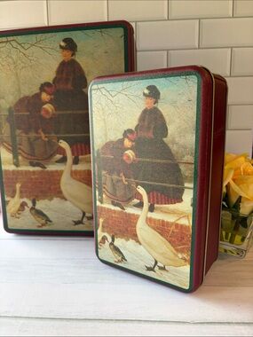Vintage Swan Scene Decorative Tins- Red Trim